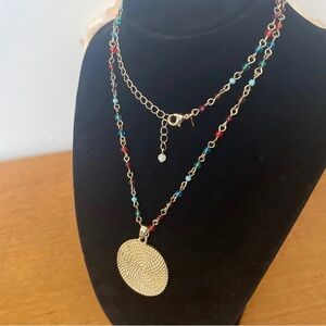 Colorful Beaded Necklace with Goldtone Pendant 19”
